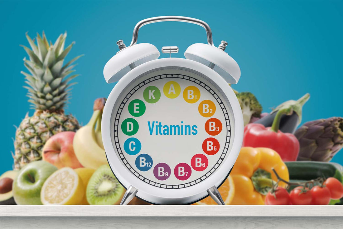 A clock showing the times replaced with vitamins